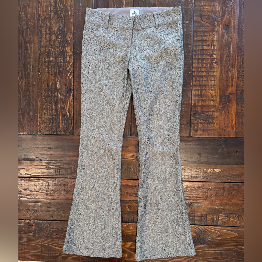 Sw3 Bespoke Lace Flare Pants In Shades Of Silver, Grey, Gold & Blue. Sz 4. Euc